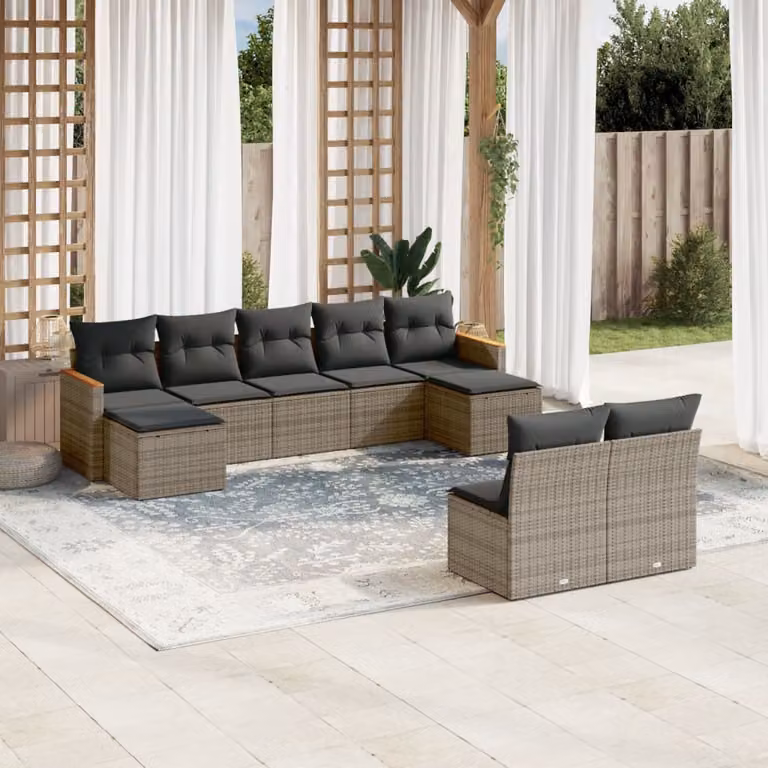 vidaXL Set Divano da Giardino 9 pz a forma di U in Polyrattan Grigio con Cuscini Imbottiti e Rivestimenti Rimovibili