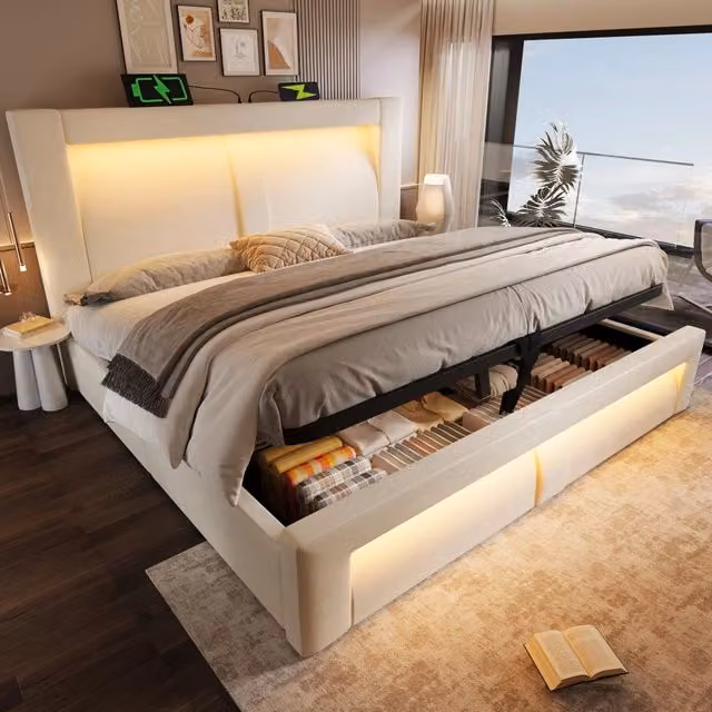 Letto contenitore 140x200 cm beige in velluto, contenitore con LED e prese USB, senza materasso