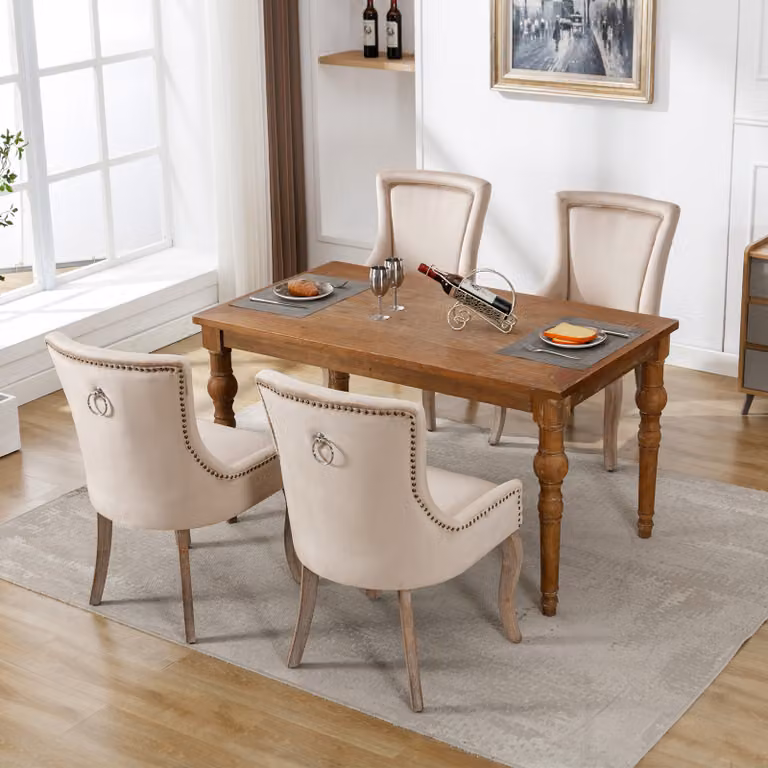 Set di 4 sedie da sala da pranzo Flieks, sedie da cucina imbottite con gambe in legno massiccio, sedia da sala da pranzo con rivestimento in velluto, beige