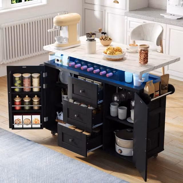 Isola cucina mobile con piano ribaltabile in MDF nero e bianco; 5 ruote bloccabili; LED; 138 cm; per cucina e sala da pranzo