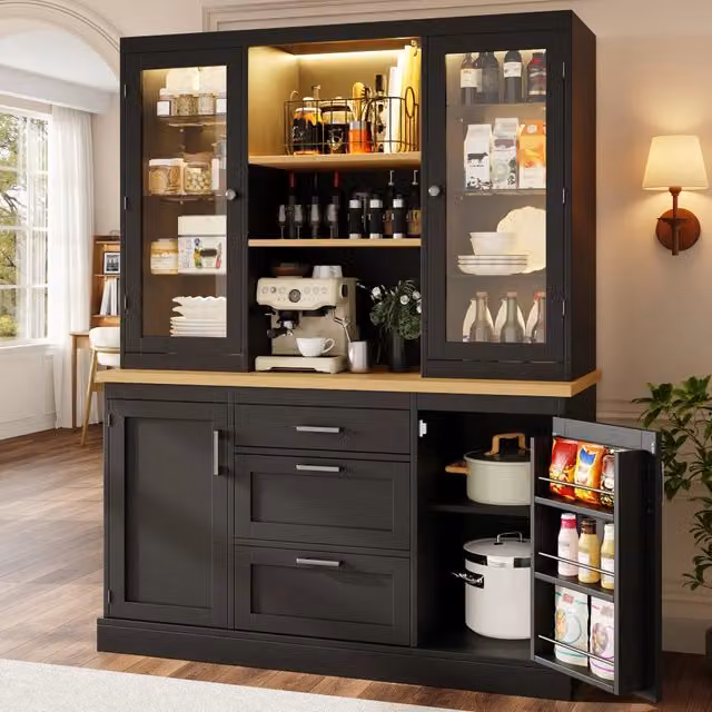 Dispensa alta da cucina con LED RGB e 3 cassetti ripiani regolabili piano di lavoro in MDF nero 140 × 40 × 185 cm