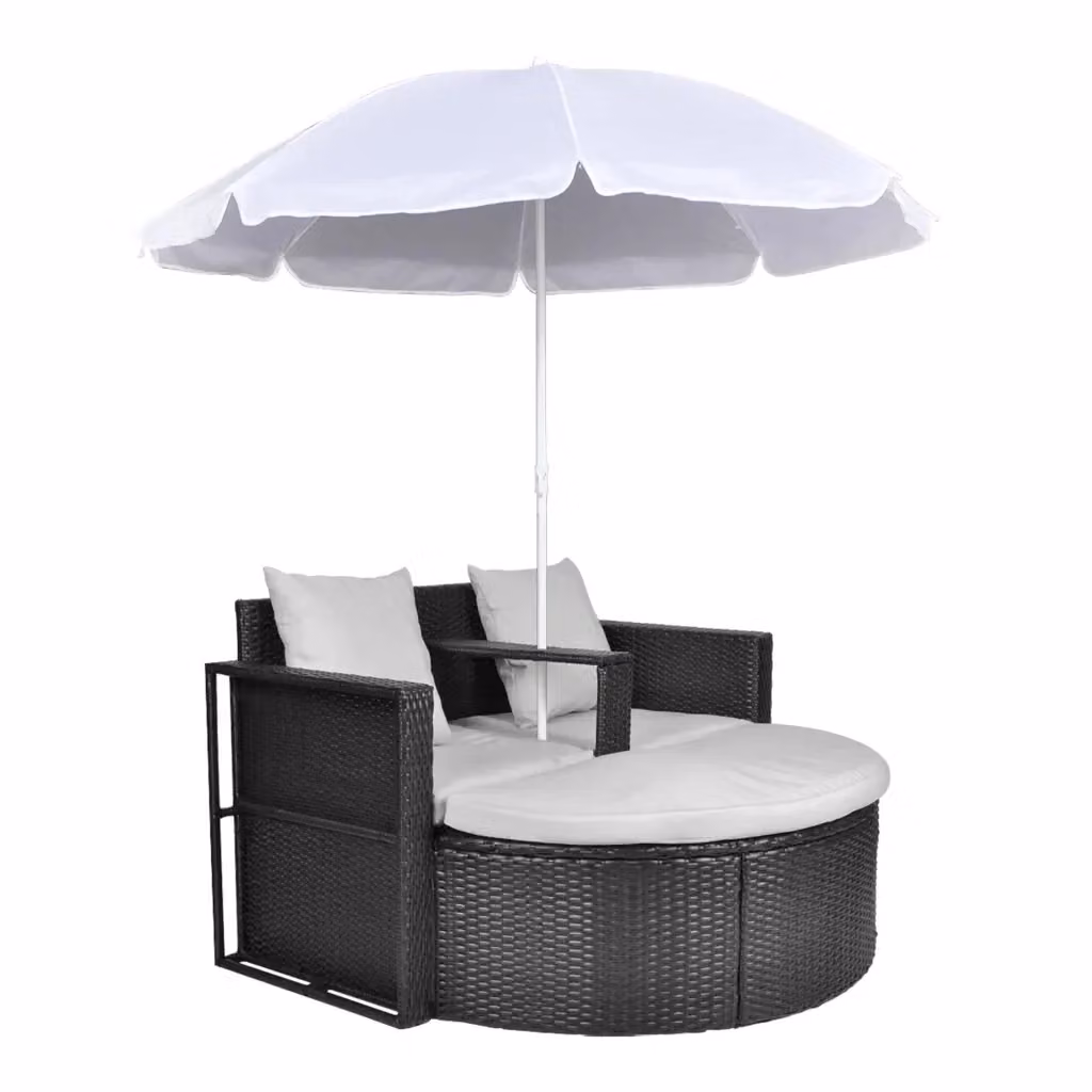 Lettino da giardino con ombrellone vidaXL in polyrattan nero e bianco – 2