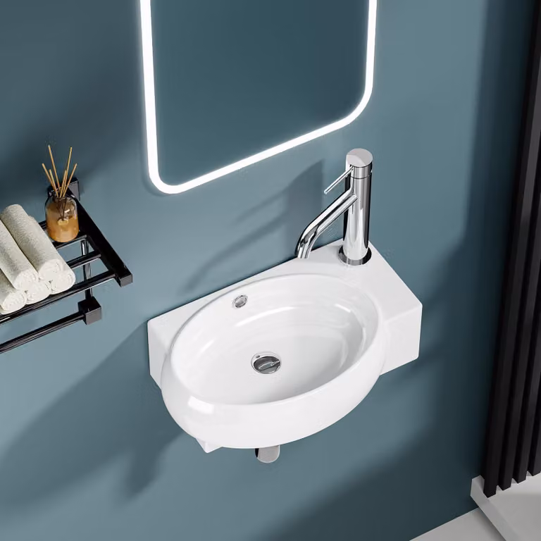 Lavabo da bagno bianco, forma ovale, dimensioni 43x39x15 cm, in Vetroceramica con troppofilo