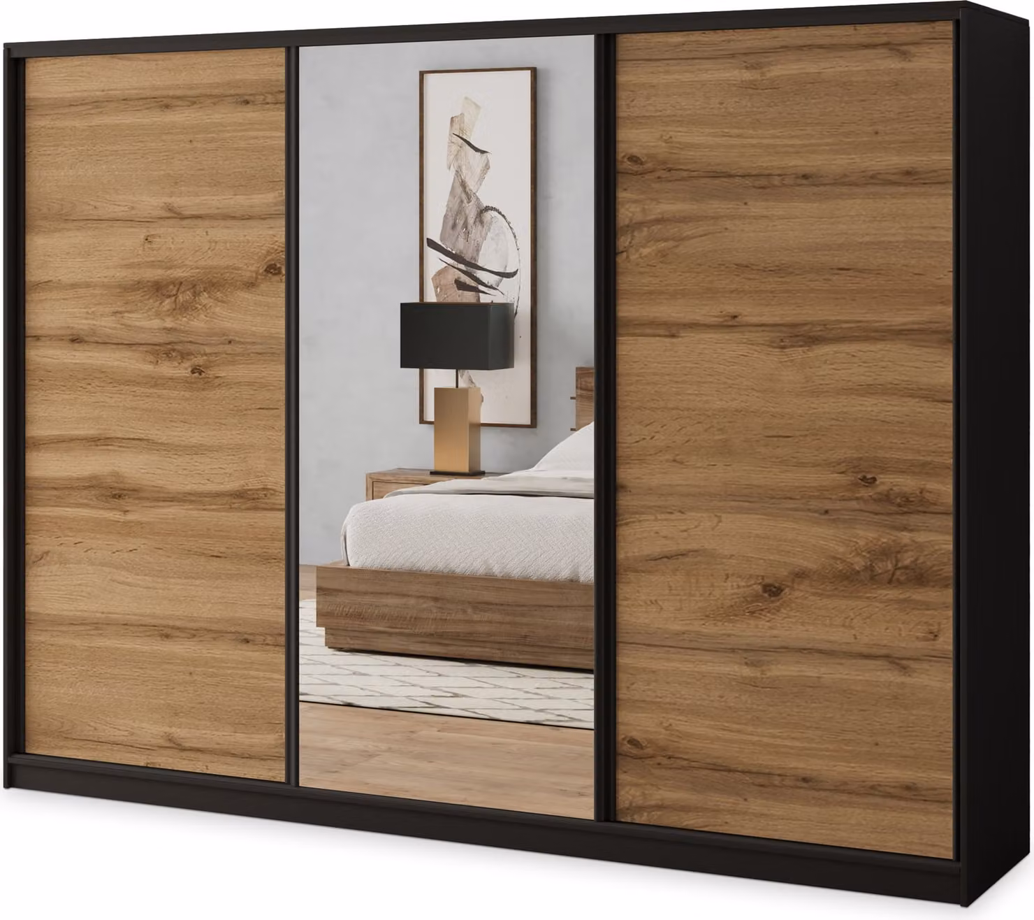 Armadio scorrevole Masseno SORE 270/205/58 cm Armadio con 4 cassetti Armadio per camera da letto a 3 ante con specchio Nero / Rovere Wotan