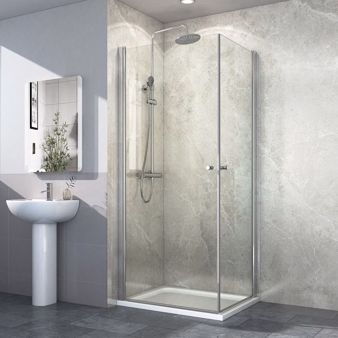 Cabina doccia EMKE 80x90x185 cm con ingresso angolare, divisorio doccia, doppia porta a battente, porta doccia, porta a battente, parete doccia, rivestimento nano su entrambi i lati