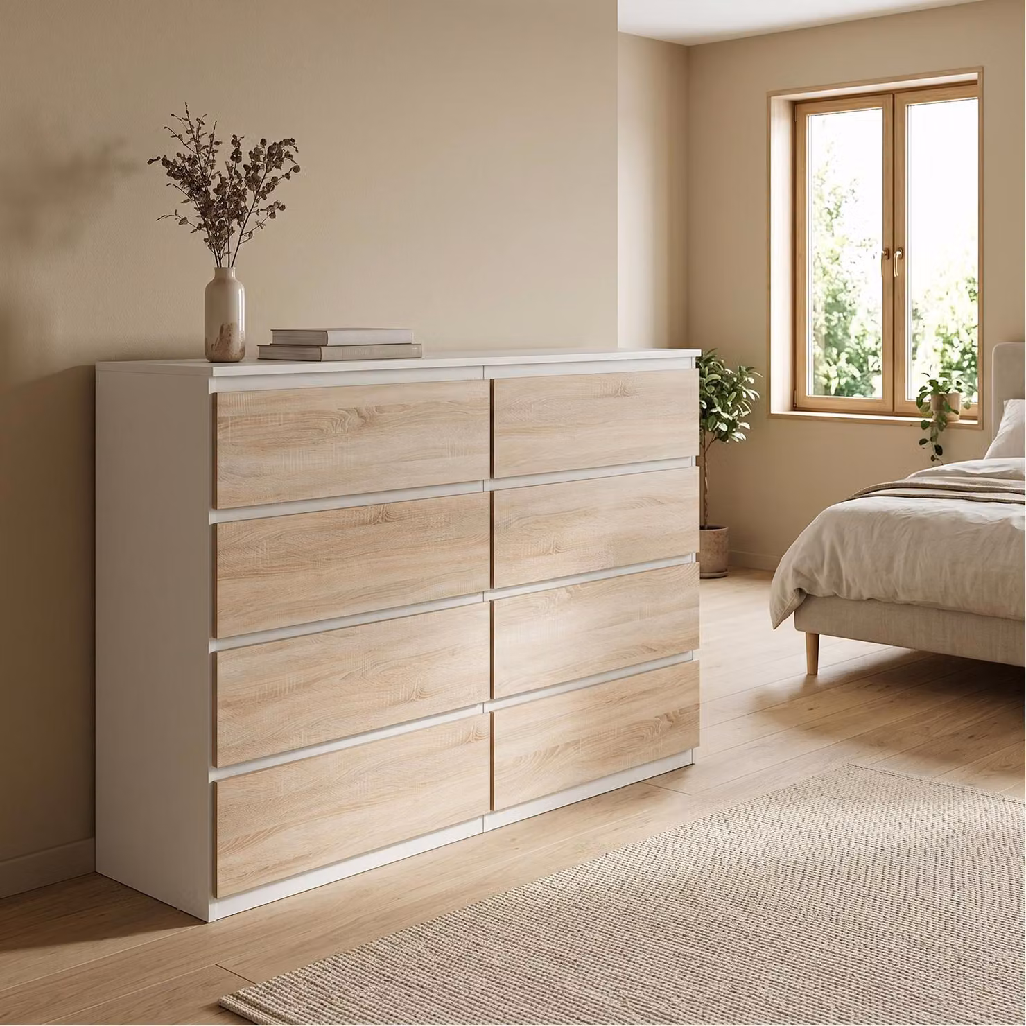 Comodà Masseno NUDO da 120 cm con 8 cassetti e ante, per soggiorno e camera da letto, stile moderno, 120x39x101,5 cm, bianco / rovere Sonoma