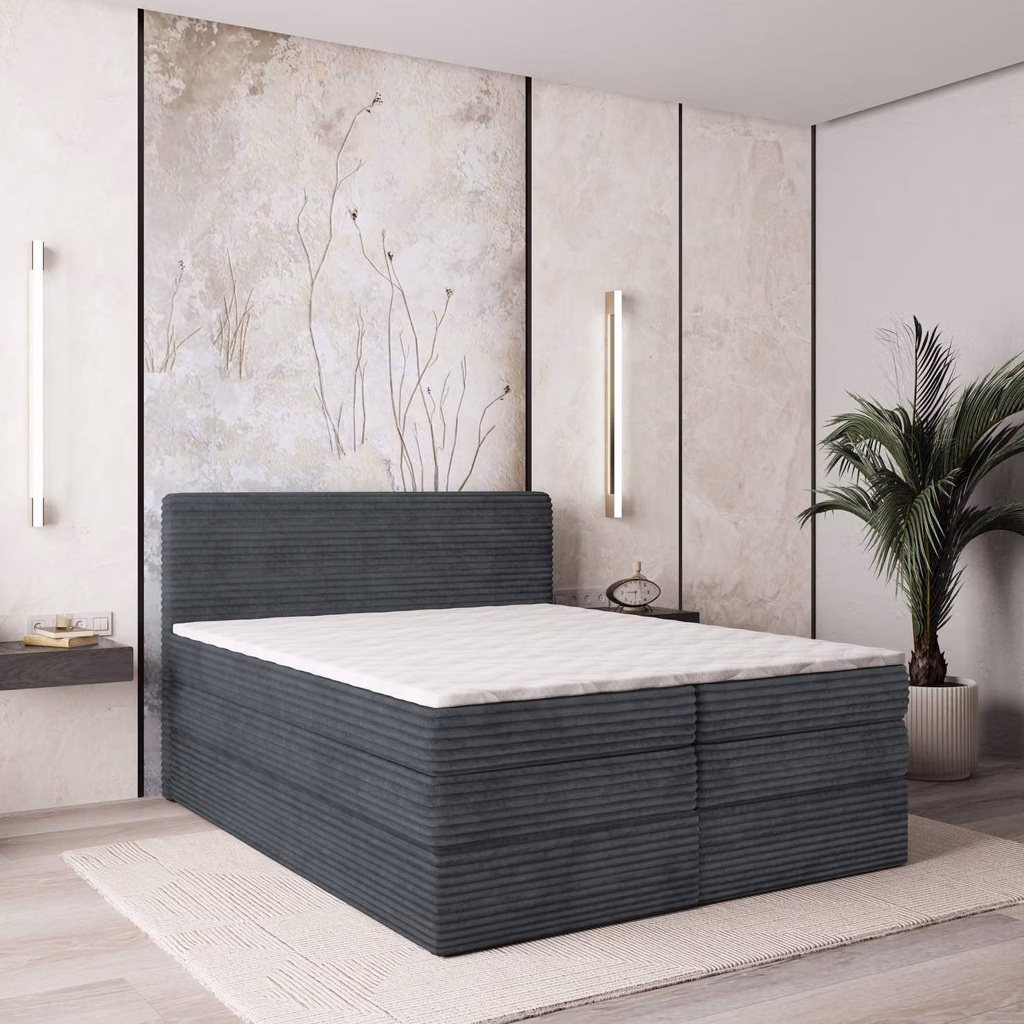Letto a molle insacchettate Masseno LUNERA 160x200 cm completo di materasso e topper Bonell, letto imbottito con cassettiera - grigio, TILIA 85