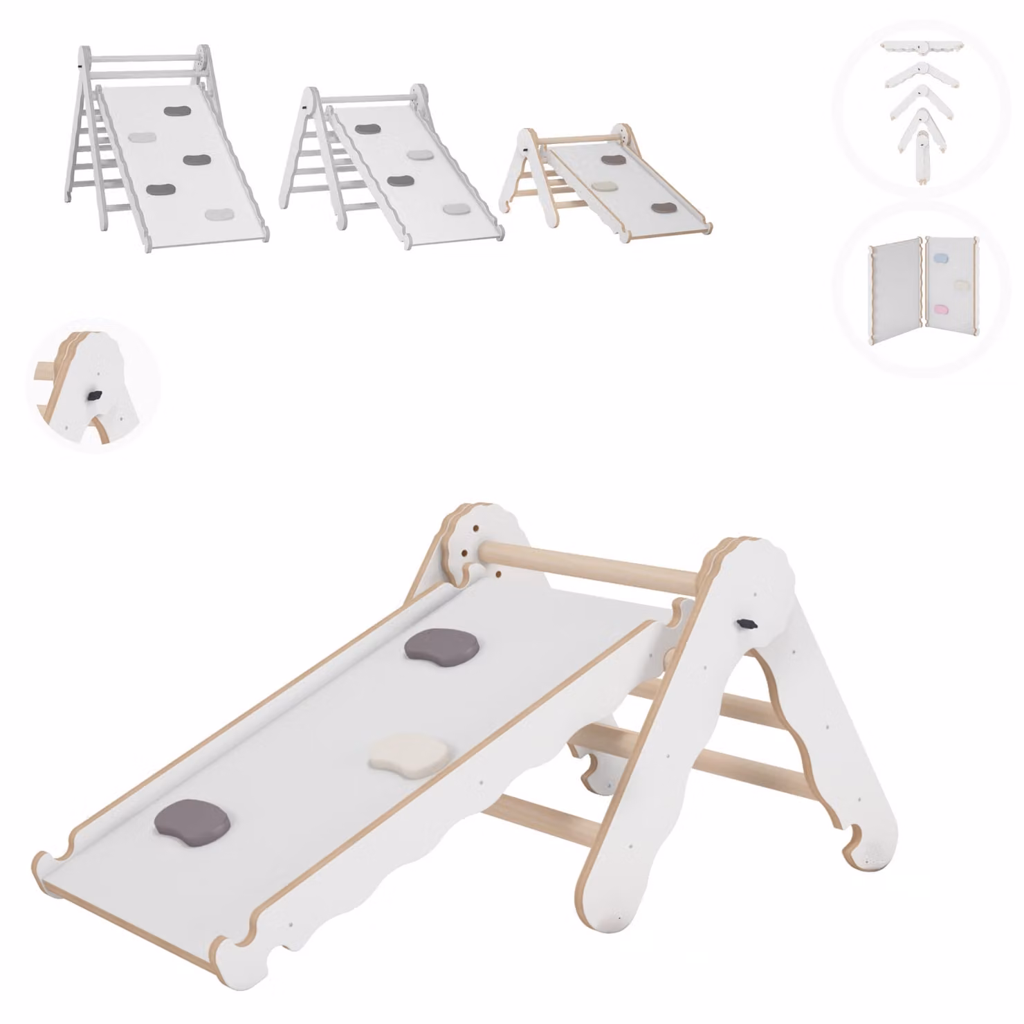 Struttura di arrampicata per interni MAMOI®, triangolo di arrampicata con scivolo in legno, torre di arrampicata con tavola di scivolo, scivolo per bambini ad arco di arrampicata, frusta arcobaleno