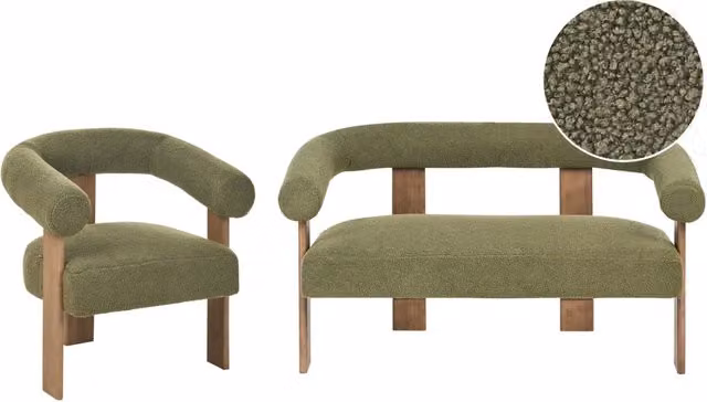 Set da salotto divano a 2 posti poltrona imbottita bouclé verde e marrone scuro stile retrò soggiorno