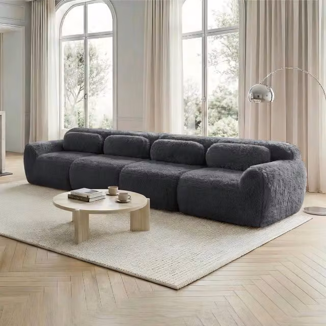 Sofa a 4 posti - Zephmum - Tessuto peluche premium, base antiscivolo, cuscini inclusi, schiuma elastica