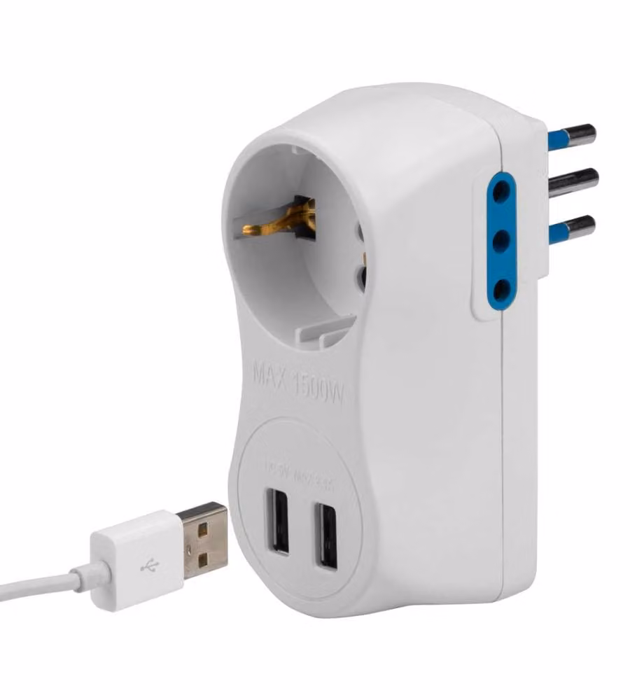 Adattatore spina 10A con 2 prese 10A 1 presa 10-16A e 2 prese USB