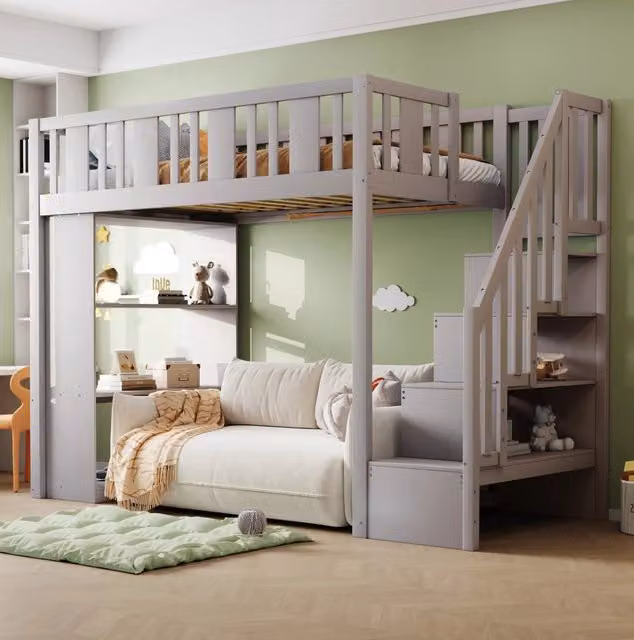 Letto a soppalco 90x200 cm grigio – con contenitori e scala, senza materasso