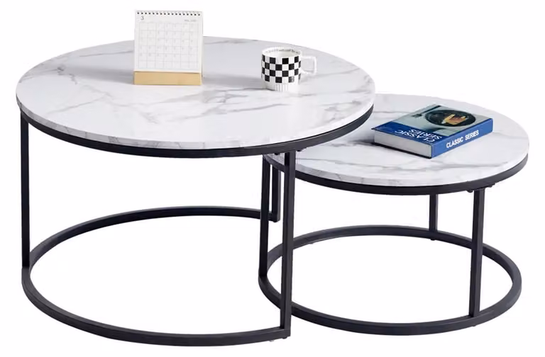 Set di tavolini rotondi - Tavolino da salotto 2-in-1 - Set di tavolini, salvaspazio - Piano del tavolo con effetto marmo - Ø 60 cm + Ø 40 cm - Marrone cioccolato