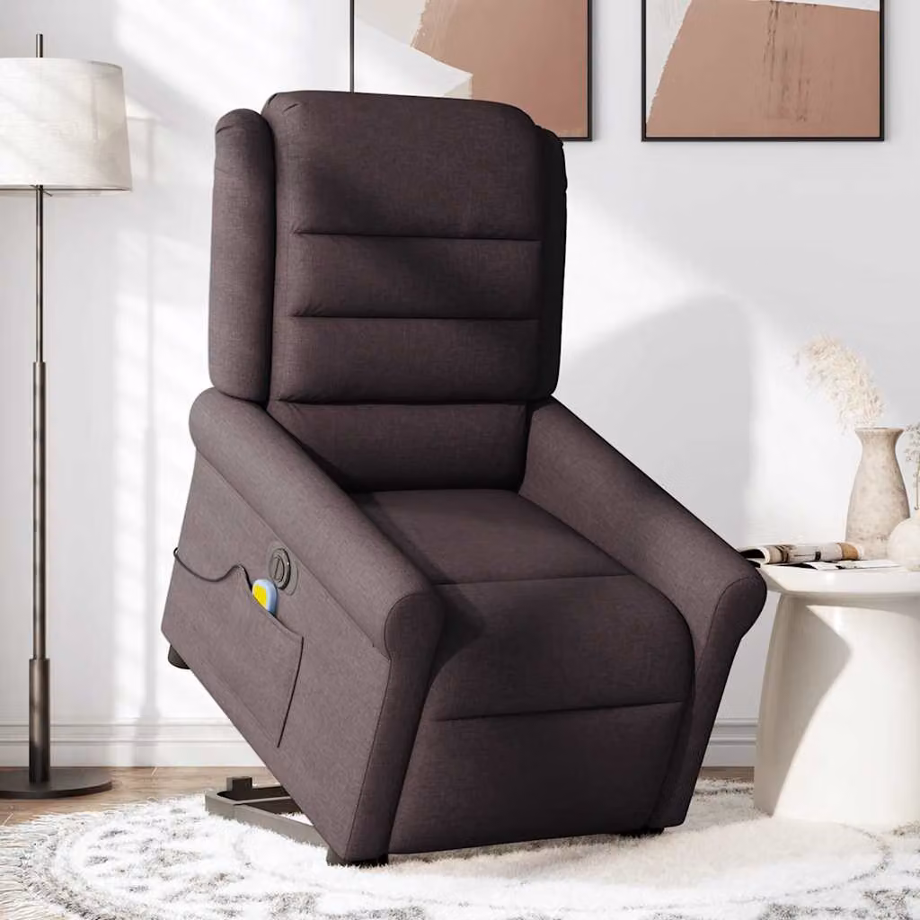 vidaXL Poltrona Alzapersona Massaggio Elettrica Marrone Scuro Tessuto
