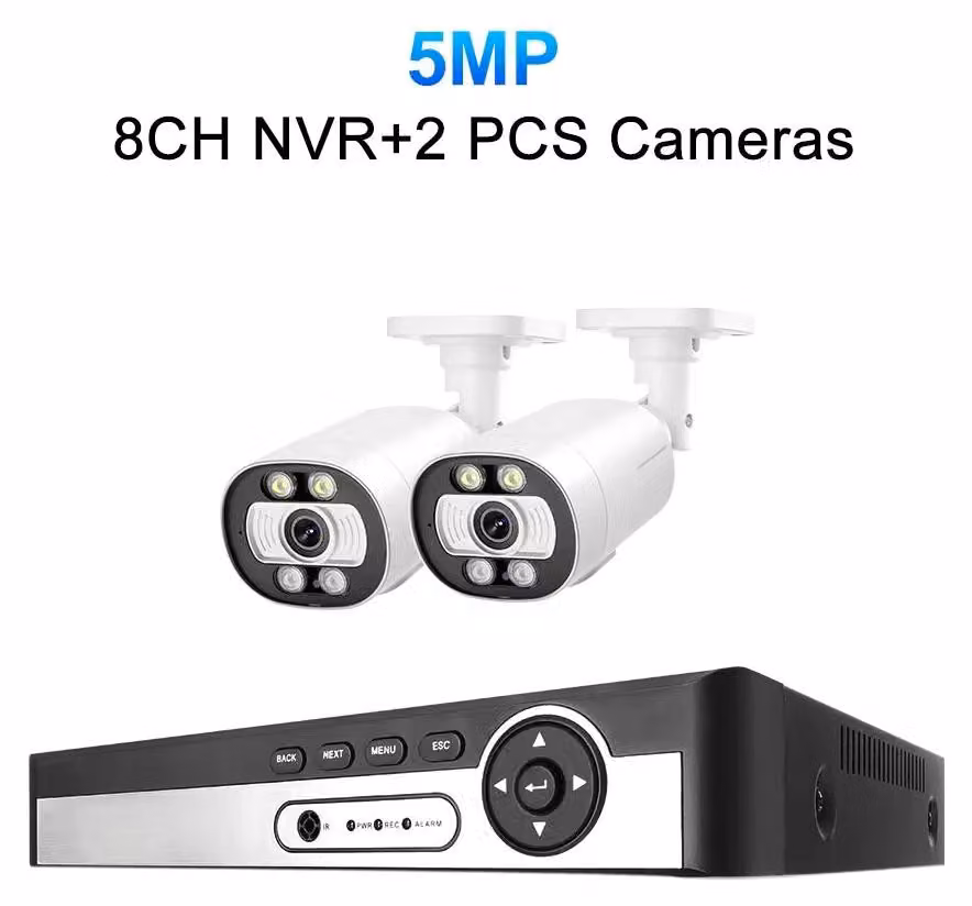 Sistema di telecamere di sicurezza CCTV a 8 canali, risoluzione 5MP, con rilevamento facciale tramite intelligenza artificiale e visione notturna, adatto per uso esterno