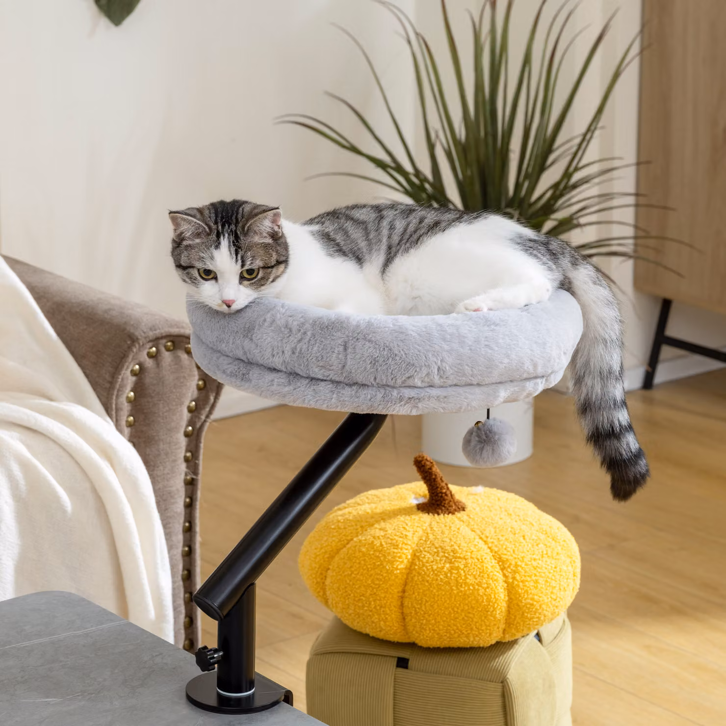 Lettino per gatti da scrivania PawHut con rotazione a 360° e altezza regolabile, lavabile in lavatrice, grigio – 2