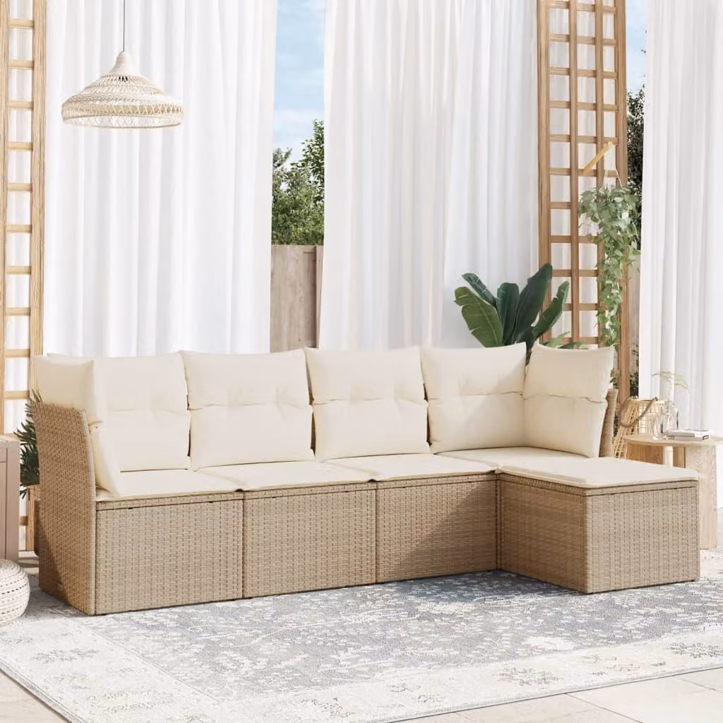 vidaXL Set Divano da Giardino 5 pz a L con Cuscini Beige in Polyrattan e Struttura in Metallo – 1