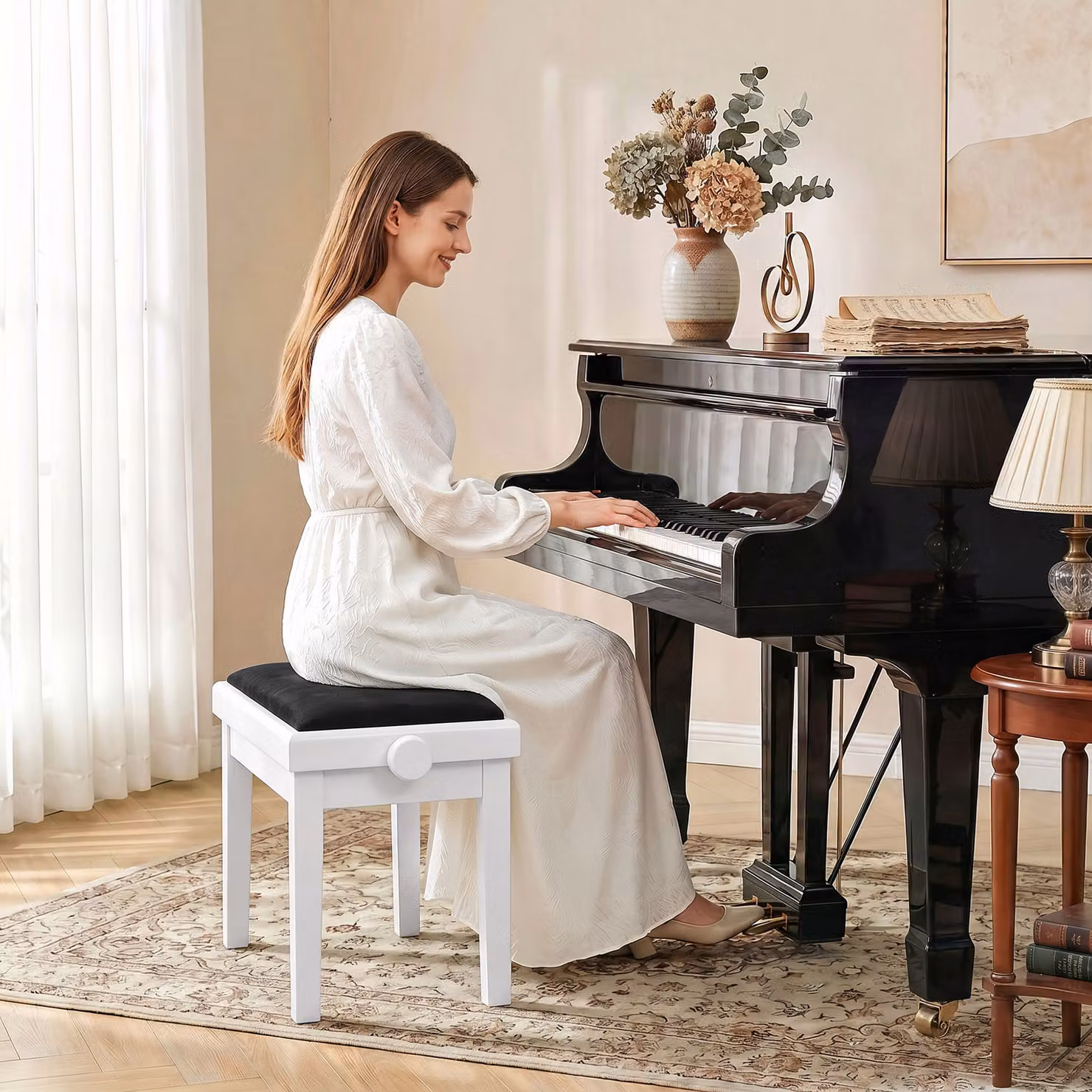 Panca per pianoforte regolabile HOMCOM con cuscino imbottito in velluto bianco – 2