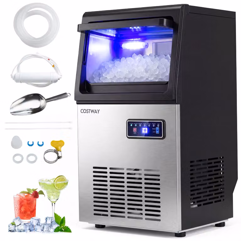 Macchina del ghiaccio per ghiaccio morbido Costway in acciaio inossidabile color argento con funzione autopulizia e spegnimento automatico per casa, bar e caffetterie