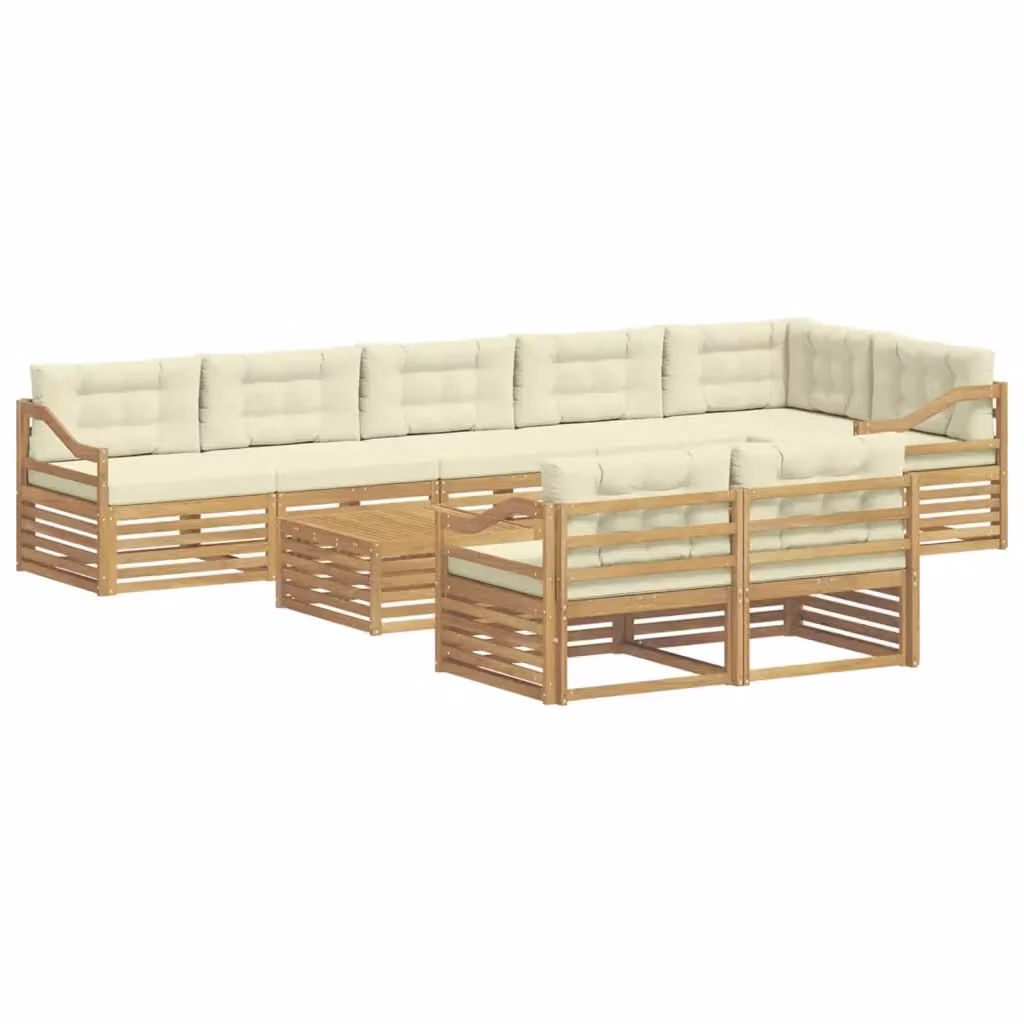 Set di divani da esterno a L vidaXL in legno di acacia con tavolo da caffè, 9 pezzi, Bianco e Beige – 2