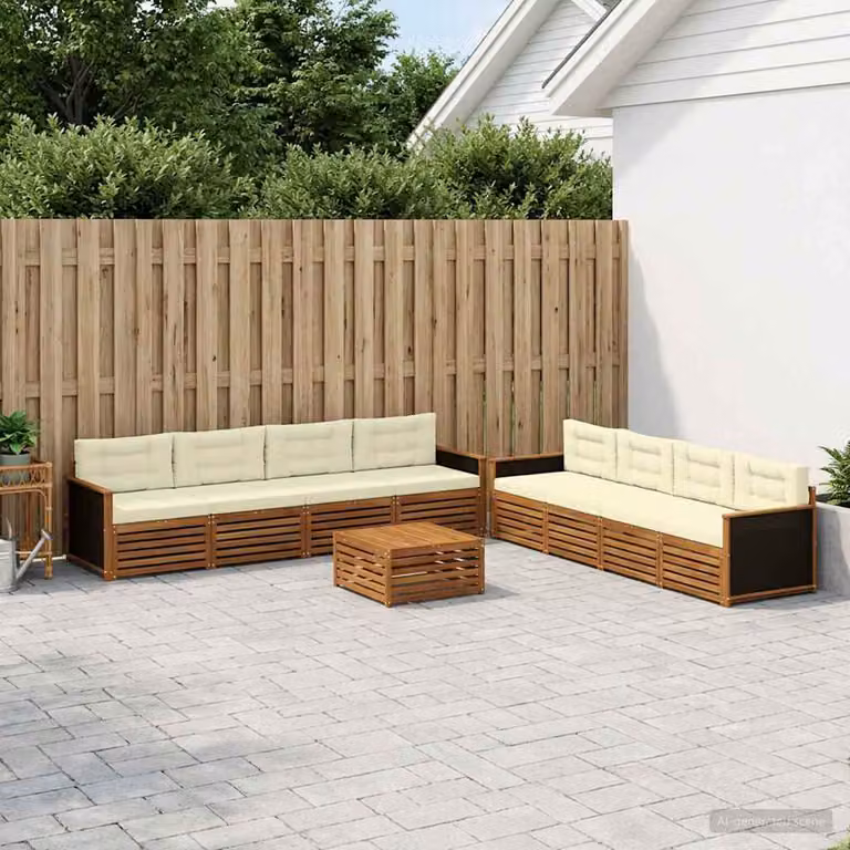 Set di divani da esterno vidaXL 9 pz in legno di acacia con tavolino e cuscini, colore beige e marrone