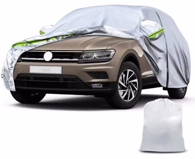 Copertura per auto, tipo garage completo, per VW Touran dal 2003 al 2024, impermeabile, con porta con cerniera, protezione per tutte le condizioni atmosferiche, colore argento