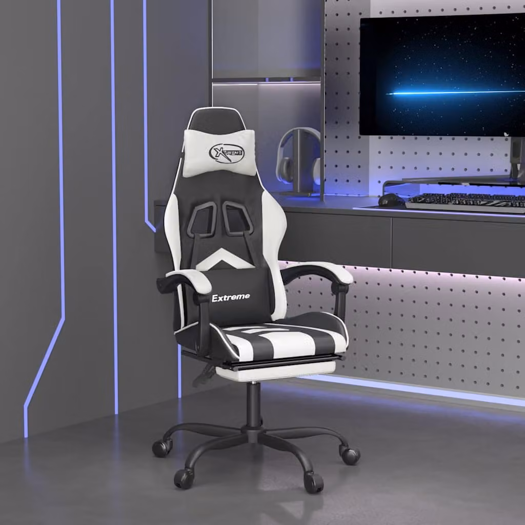 Sedia da Gaming Girevole vidaXL in Similpelle con Poggiapiedi e Appoggiatesta, Multicolore (Nero e Bianco)