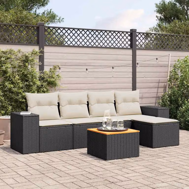 vidaXL Set Divano da Giardino a L 6 pz in Polyrattan Nero con Cuscini e Tavolino da Esterno