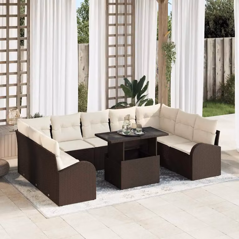 Set Divano da Giardino vidaXL 10 Pezzi in Polyrattan Marrone e Beige con Cuscini e Tavolino da Esterno