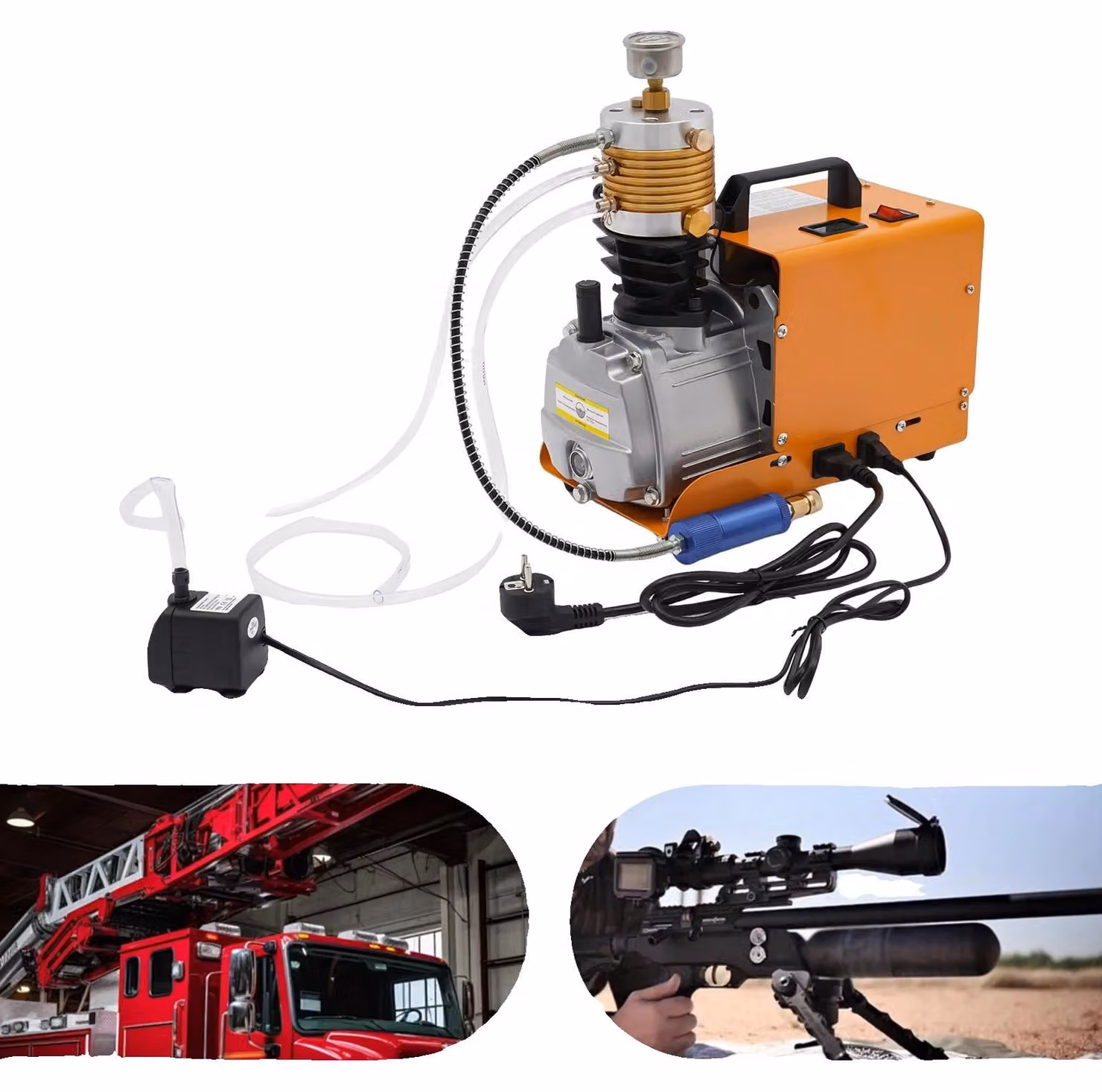 Compressore portatile per pompe d'aria, con un assorbimento di potenza di 1,8 kW, una pressione massima di 300 bar, una capacità di gonfiaggio di 100 litri, motore a corrente alternata da 220V e dimensioni di 34x18x34 cm