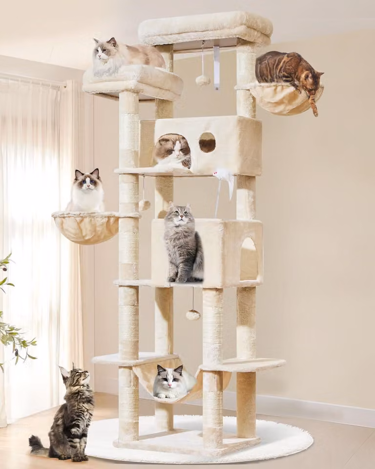 Albero per gatti Kratzbaum XXL, altezza 193 cm, 7 pali per graffiare, 2 tane, 2 ceste, amaca, adatto a gatti di grossa taglia