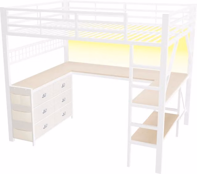 Letto a soppalco 140x200 cm con scrivania, struttura in metallo bianco, cassetti, scaffale e luci LED