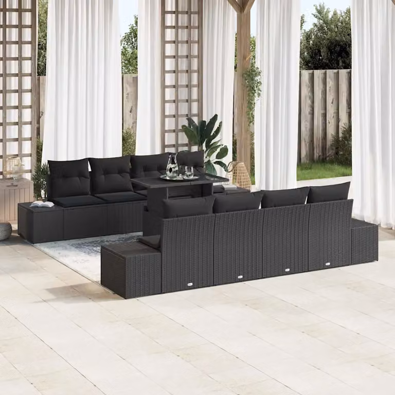 Set Divano da Giardino vidaXL in Polyrattan Nero con 9 Pezzi, Cuscini e Tavolino da Caffè con Funzione di Archiviazione