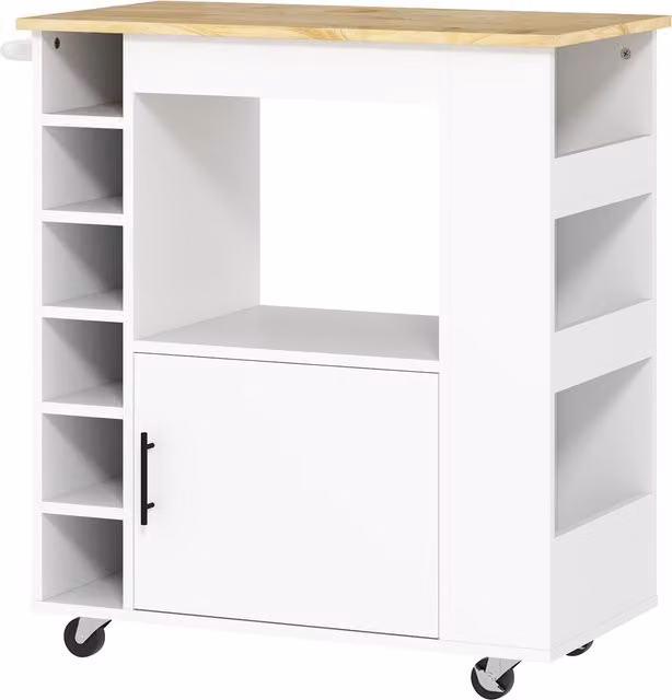 Carrello da cucina HOMCOM con ruote, ripiani, armadietto e portabottiglie, Rovere e Bianco, L 83 cm x P 40 cm x H 83 cm – 1