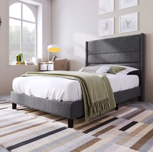 Letto singolo imbottito ULEVR 90x200 cm con testiera e rete a doghe, rivestimento in lino grigio scuro