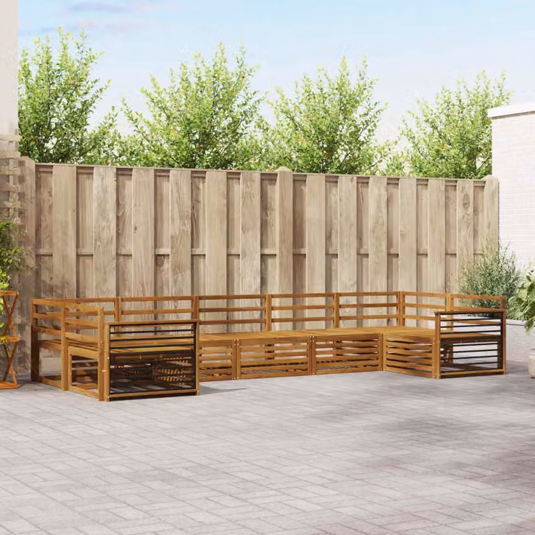 vidaXL Set di divani da esterno a forma di U composto da 7 pezzi in legno di acacia massello marrone con cuscini inclusi