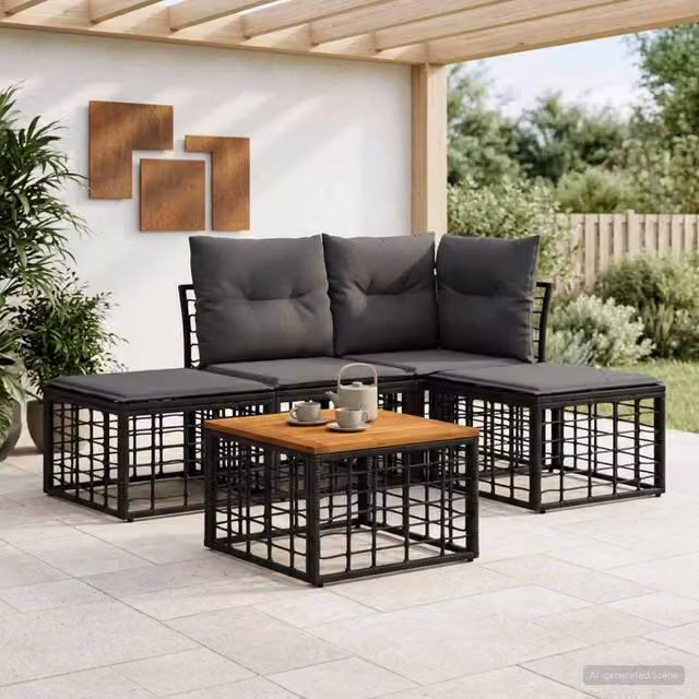 Set di divani da esterno 5 pz Nero e Grigio scuro Poliestere 3437445