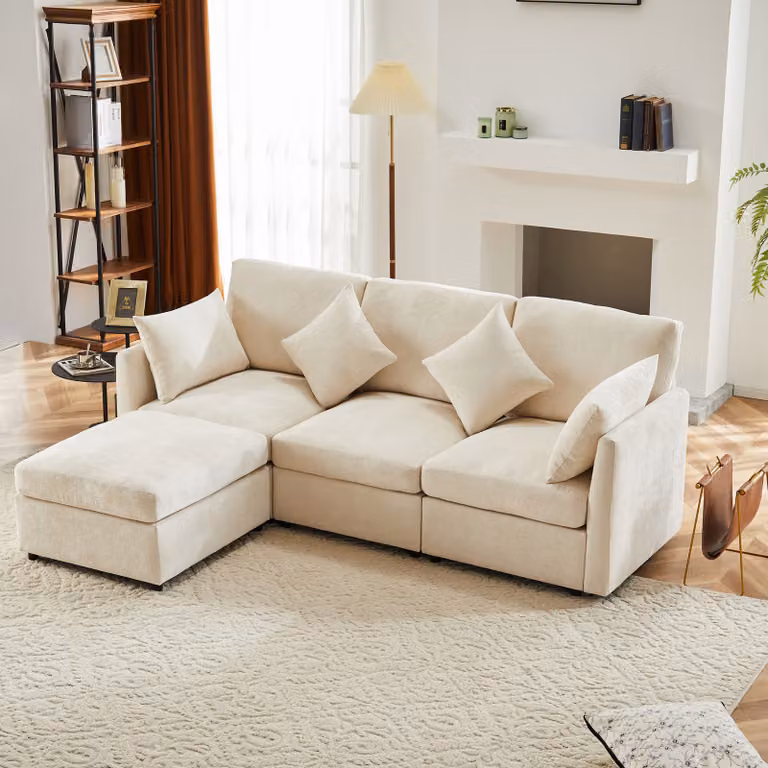okwish Divano ad angolo, divano a 4 posti, divano in tessuto ciniglia con sgabello, divano a L, adatto per appartamenti, beige