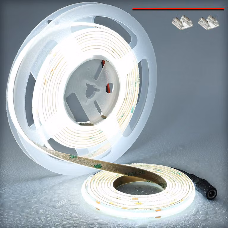 Striscia LED COB, 5 metri, grado di protezione IP65, luce bianca fredda (6000K), 480 LED per metro, indice di resa cromatica (CRI) superiore a 90