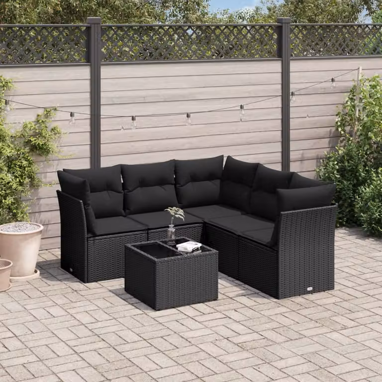 vidaXL Set Divano da Giardino 6 pz a L con Cuscini Nero in Polyrattan e Tavolino in Vetro
