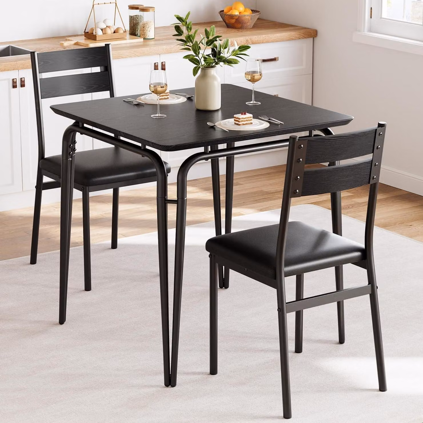 Set da pranzo composto da tavolo e sedie, 3 pezzi, forma quadrata, per 2 persone, colore nero