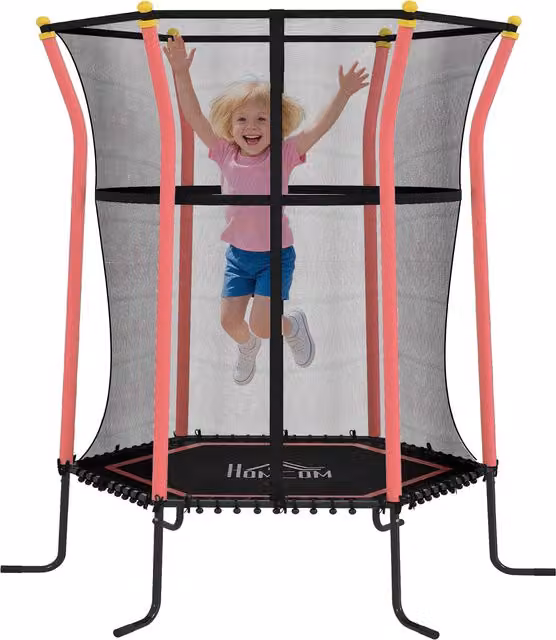 Trampolino per bambini HOMCOM con rete di sicurezza e pali imbottiti, Rosso, Ø 163,5 x 190 cm – 1