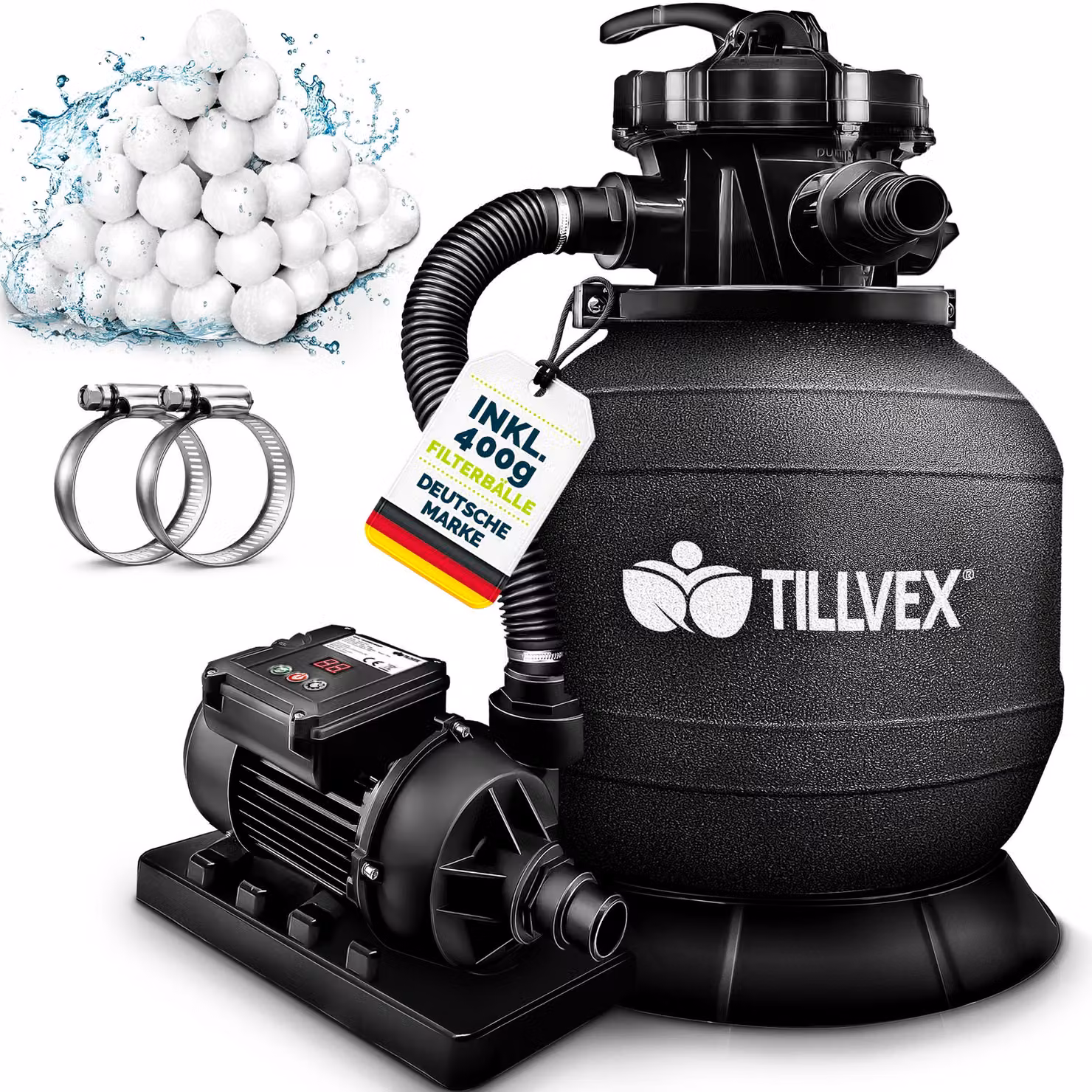 Impianto di filtrazione a sabbia tillvex® per piscina con timer 7.900 l/h, incl. 400 g di sfere filtranti | Impianto di filtrazione con valvola a 7 vie e adattatore 2 in 1 Ø 32 mm - 38 mm | Filtro per piscina con manometro | Filtro a sabbia per piscina, n