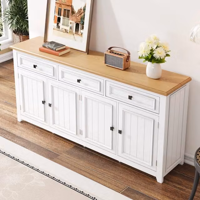 Credenza e madia moderna con 4 ante, 3 cassetti e ripiani regolabili in MDF bianco per soggiorno e camera da letto