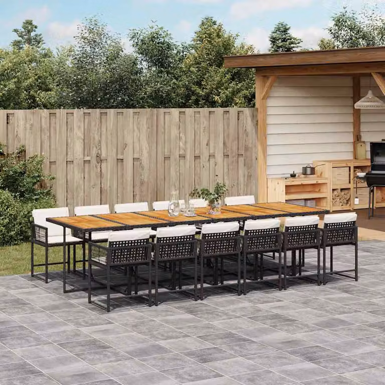 Set da pranzo da giardino vidaXL in polyrattan nero con cuscini e tavolo in legno di acacia, 13 pezzi