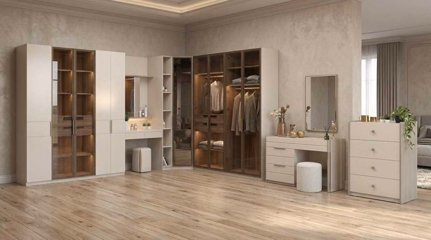 Set per camera da letto beige, moderno, composto da armadio, comò e tavolino da trucco