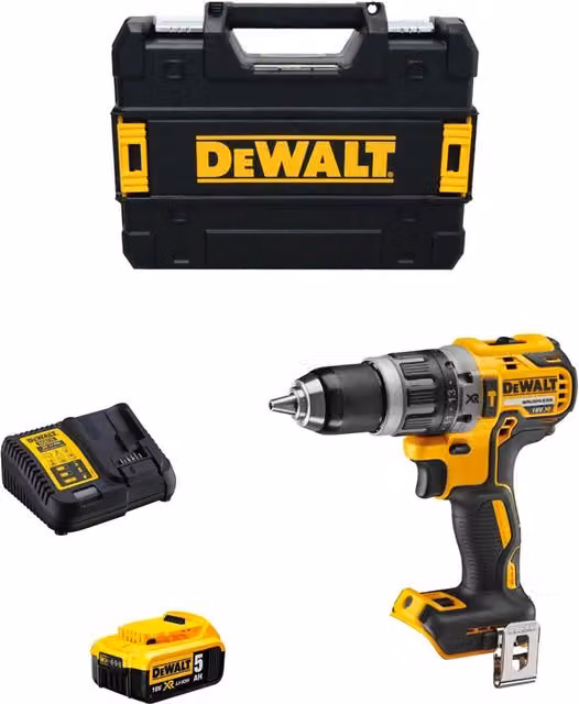Trapano a percussione DeWalt DCD796P1 giallo con batteria ricaricabile da 5,0 Ah e caricabatterie DCB115 e valigetta TSTAK II