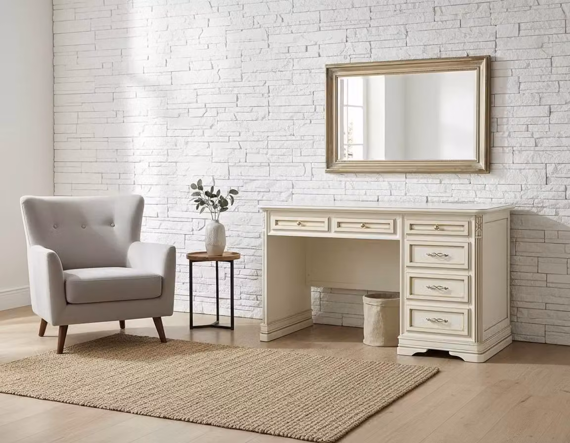 Scrivania shabby chic in legno con 6 cassetti Mobili 2G bianco oro argento L: 140 cm, P: 85 cm, H: 82 cm – 1
