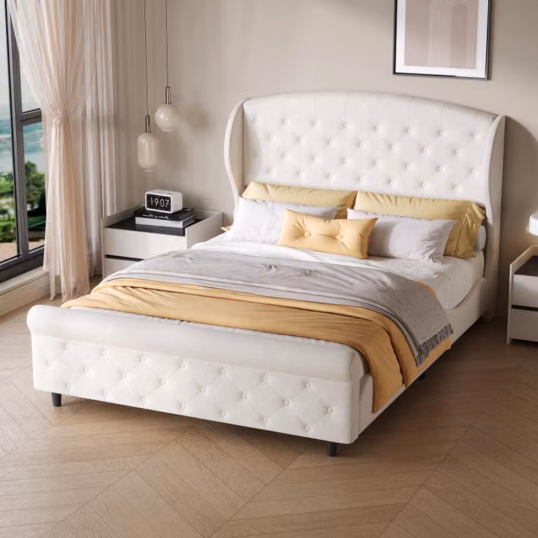 UnboxG Letto imbottito 140x200 cm beige, letto matrimoniale con rivestimento in velluto, struttura imbottita con rete a doghe, letto moderno in tessuto con comoda testiera per camera da letto