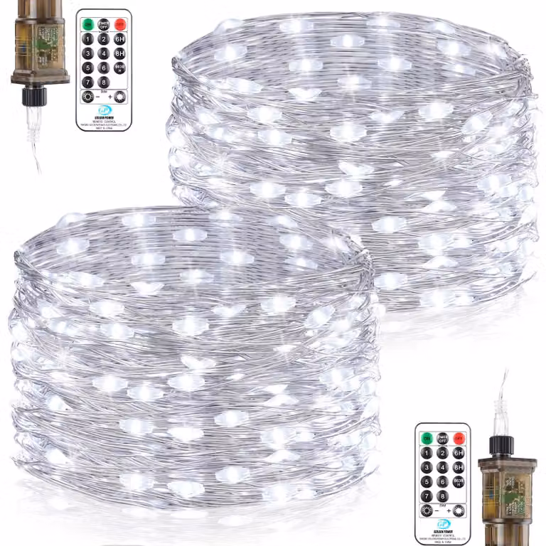 Catena luminosa a LED in filo di rame, confezione da 2, lunghezza totale 18 metri, 150 LED. Catena luminosa per interni con spina, 8 modalità, telecomando, timer, impermeabile. Ideale per decorazioni da esterno e interni, per stanze, matrimoni, Natale. Lu